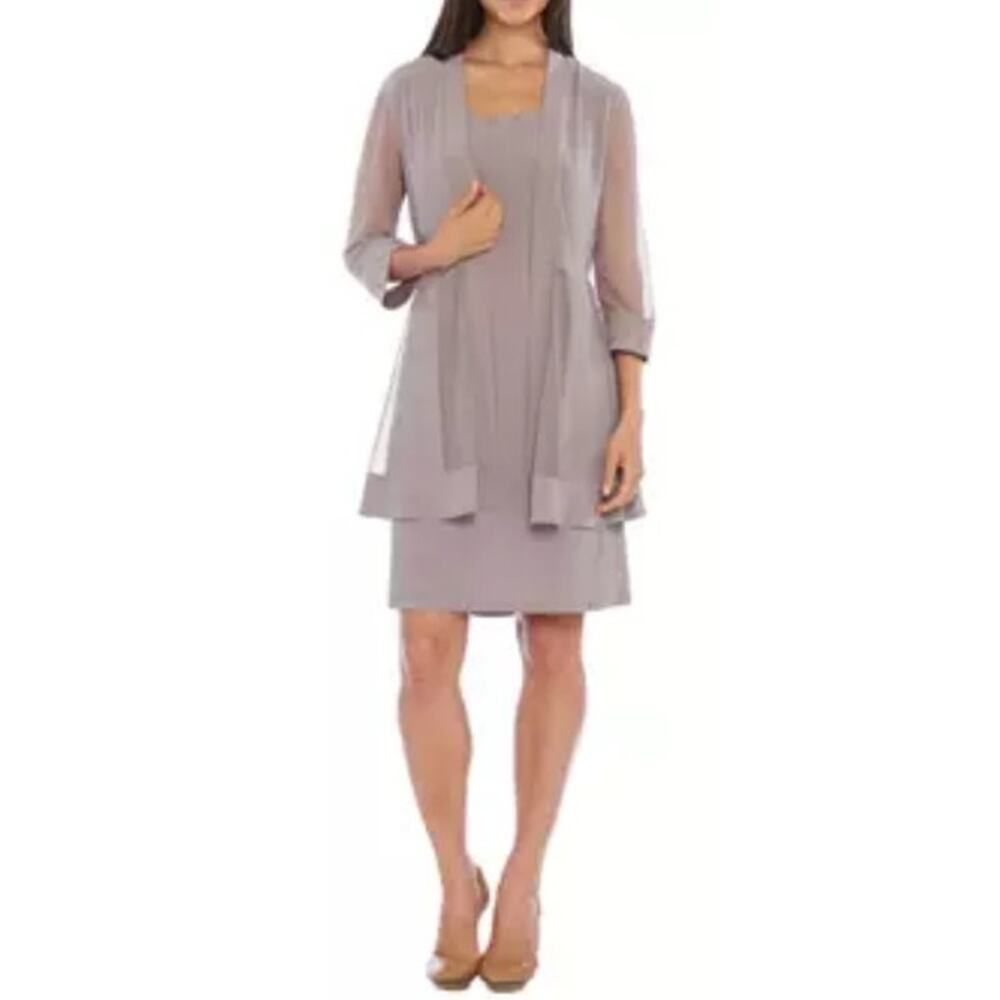 R&M Richards Mesh Panel Jacket Dress Size 3X Taupe Knee Length Elegant Cocktail